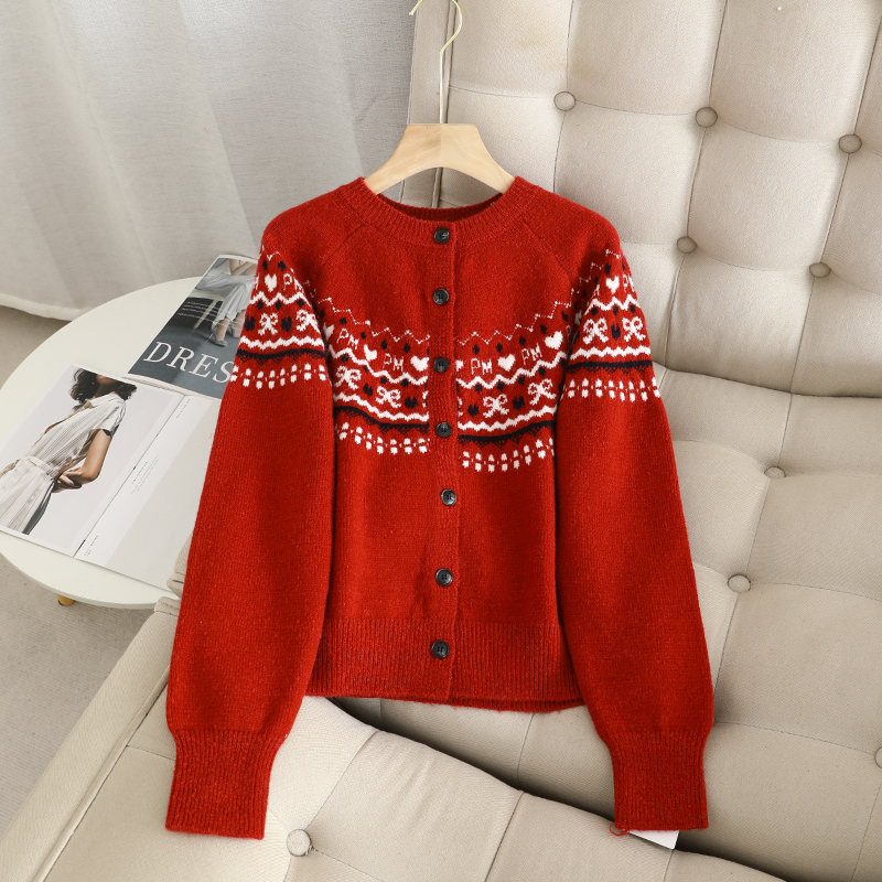 针织单排扣圆领提花针织开衫