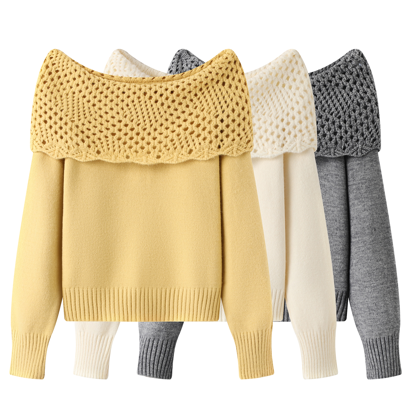 巨好看的轻熟早秋法式镂空白色一字肩毛衣女慵懒风露肩针织衫上衣