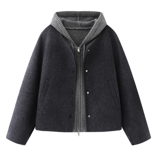 麦系の可拆卸两件套双面呢连帽马甲背心气质灰色双面羊毛大衣外套