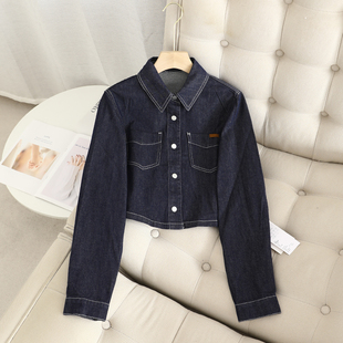 牛仔衬衫 长袖 女025春小翻领休闲百搭小个子上衣 修身 复古明线短款