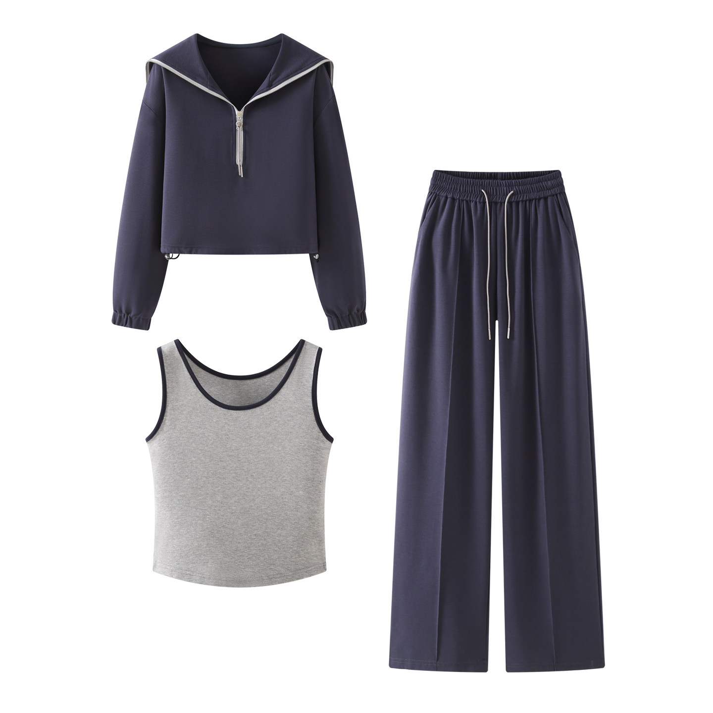 彩系！2025早秋季新款休闲三件套装海军领卫衣无袖背心卫裤长裤女