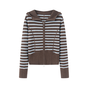 抽绳连帽开衫 檬系 女2026春新款 通勤撞色条纹针织衫 毛衣外套 时尚