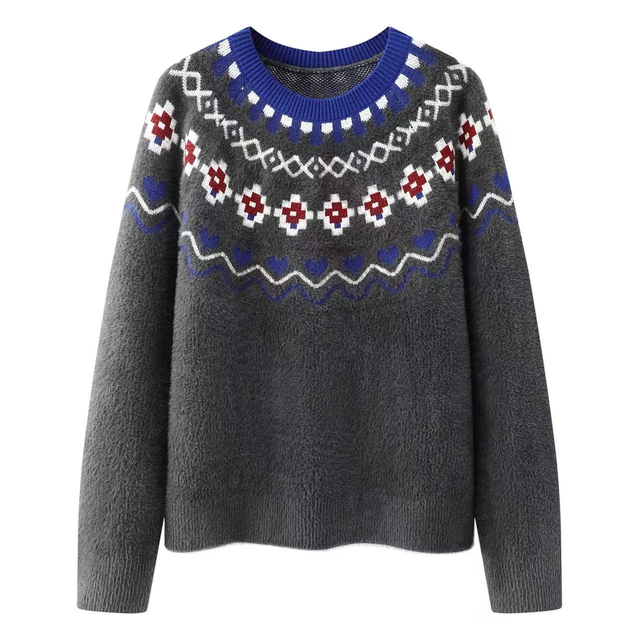 阔系！费尔岛软糯毛衣针织衫宽松2025秋冬新款女灰色毛绒上衣长袖