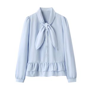 长袖 影系 系带领减龄小衫 女2025秋新款 通勤上衣 浅蓝色荷叶边衬衫