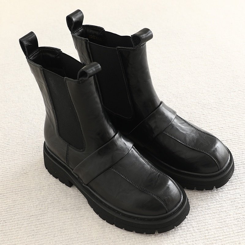 柜子699+！抓纹牛pi革复古圆头厚底烟筒靴真皮加绒加厚切尔西靴女,女鞋,切尔西靴,淘宝优惠券,粉丝福利购,淘宝优惠卷