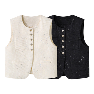 坎肩背心上衣马甲外套女 千金小香风亮片马甲圆领无袖 2024秋款 法式