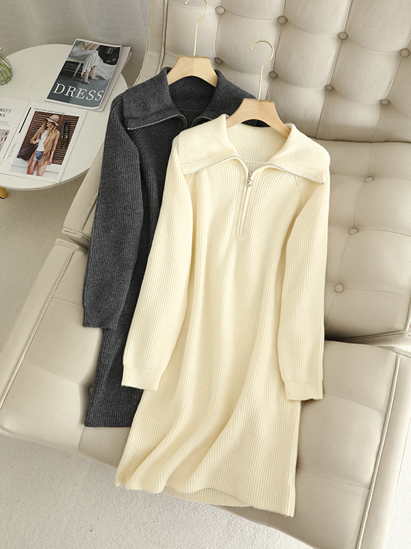 通勤直筒裙纯色毛衣连衣裙