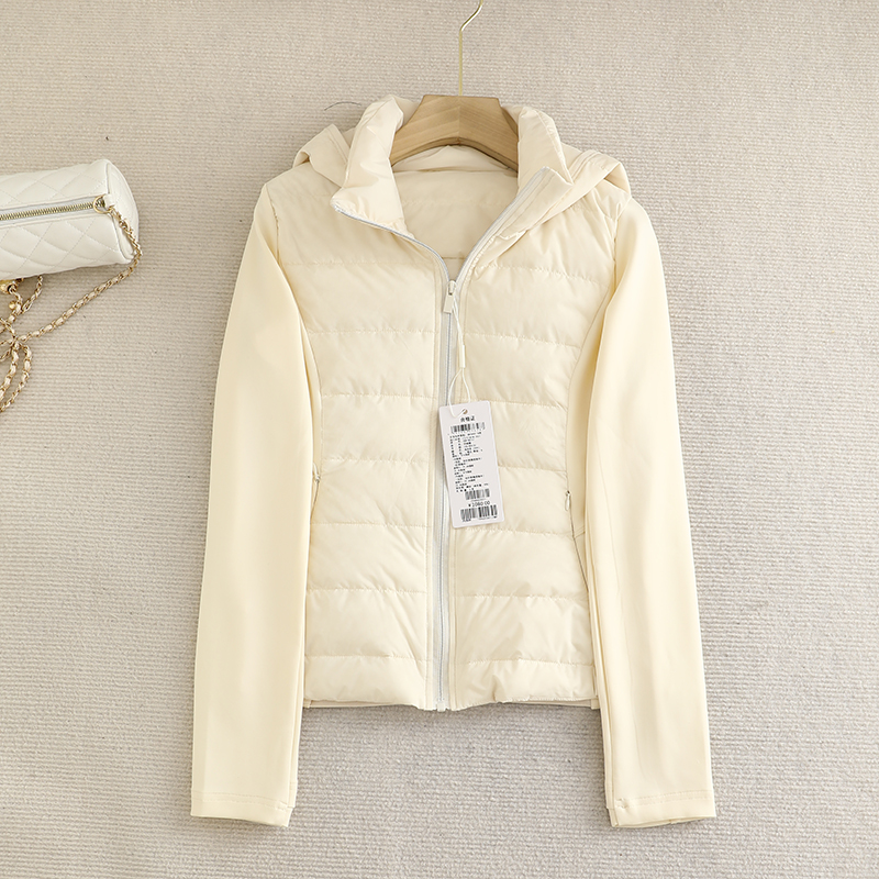 檬系！米色轻薄短款连帽白鸭绒羽绒服设计感修身拼接小个子外套女