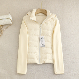 檬系!米色轻薄短款连帽白鸭绒羽绒服设计感修身拼接小个子外套女