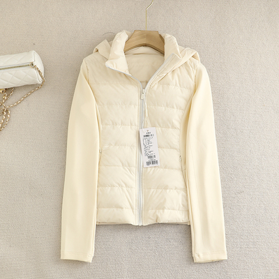 檬系！米色轻薄短款连帽白鸭绒羽绒服设计感修身拼接小个子外套女
