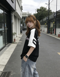 新款 美式 贴布刺绣字母纯棉短袖 t恤女夏季 上衣 国潮牌高街宽松半袖