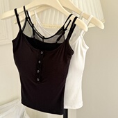 夏季 带胸垫 一体式 新款 甜辣风假两件蕾丝拼接纽扣吊带背心女修身