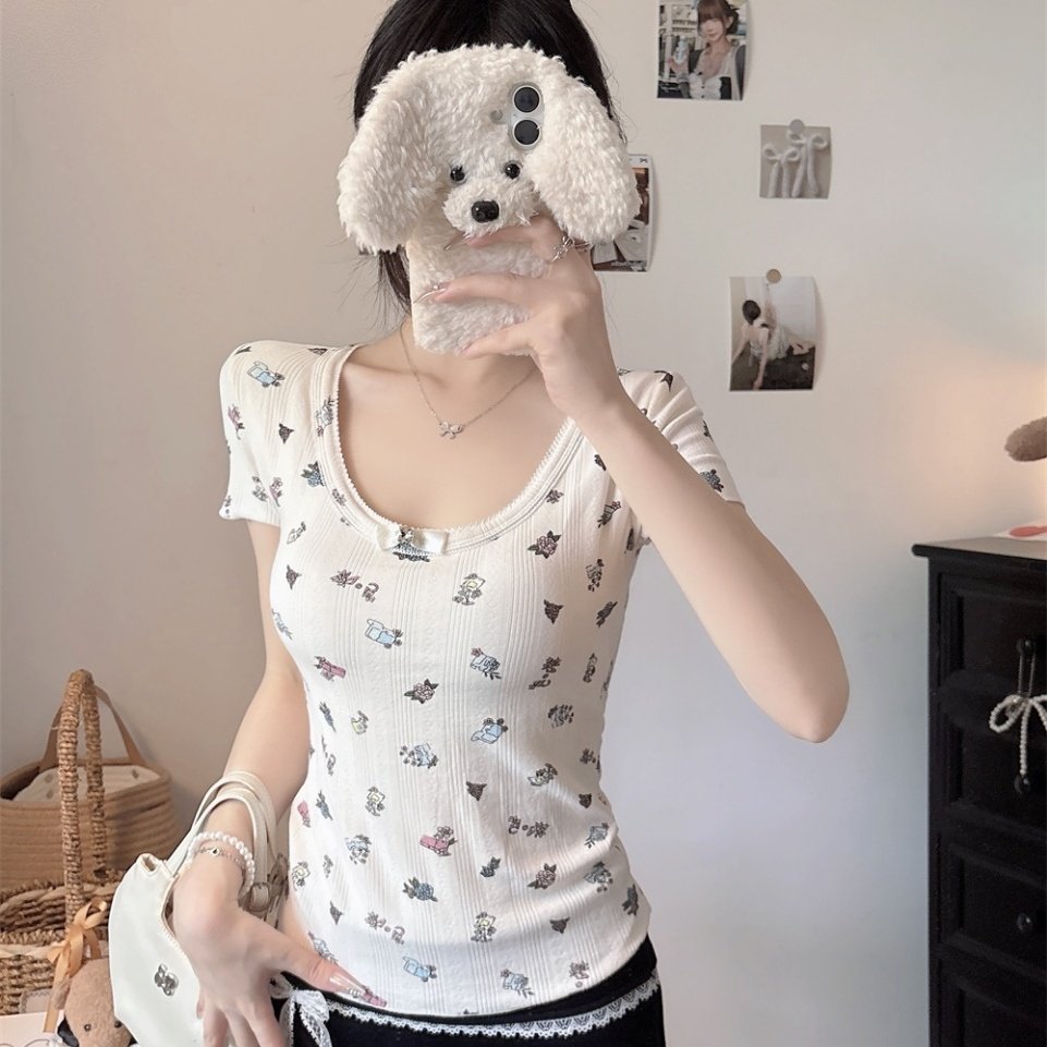 夏季新款甜心风U领卡通印花短袖T恤女蕾丝边显瘦一体式带胸垫上衣,女装/女士精品,T恤,淘宝优惠券,粉丝福利购,淘宝优惠卷