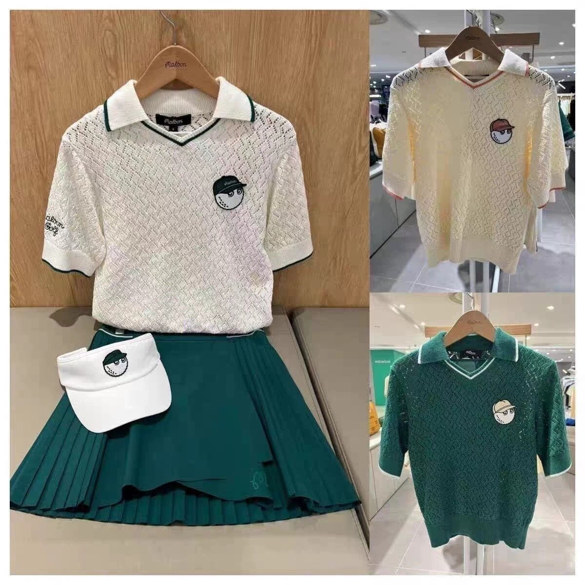 韩国malbon高尔夫服装女士polo衫镂空带内衬针织刺绣短袖T恤