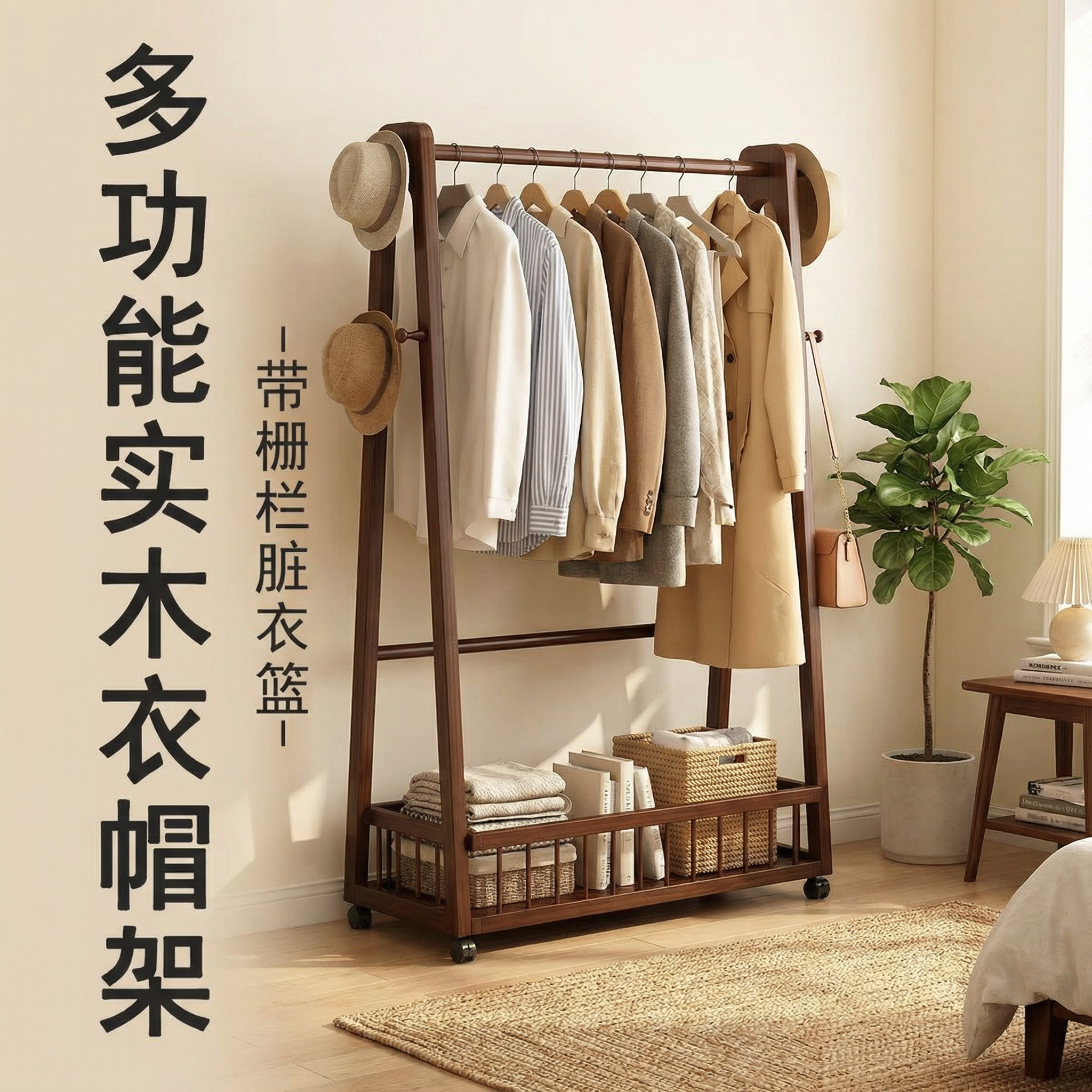 实木多功能落地衣帽架家用卧室挂衣架带栅栏脏衣篮移动置物挂衣杆