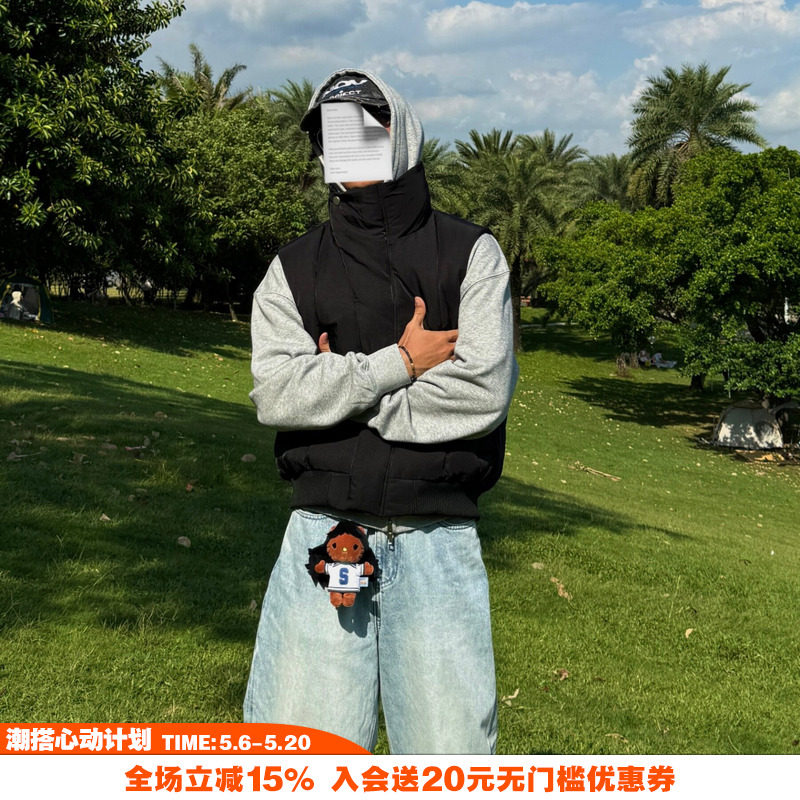 NOVACAM 休闲美式廓形立领弯刀领扣设计感重磅质感马甲男保暖背心
