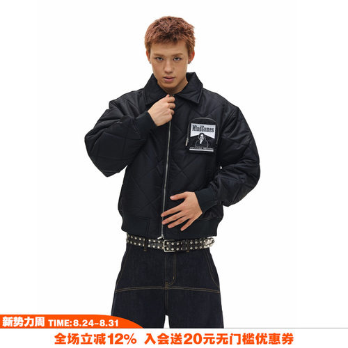 NOVACAM 复古美式菱形格短宽廓形刺绣飞行夹克bomber保暖棉服外套