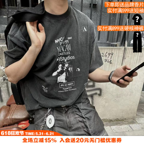 NOVACAM 美式复古vintage裂纹印花反缝线做旧水洗黑宽松短袖T恤