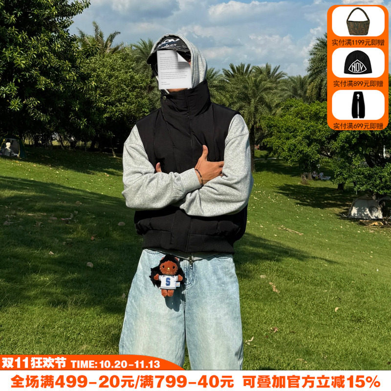 NOVACAM 休闲美式廓形立领弯刀领扣设计感重磅质感马甲男保暖背心