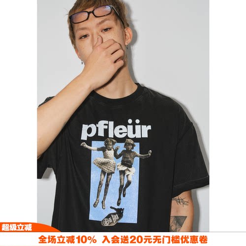 NOVACAM复古蓝色双胞胎印花T恤