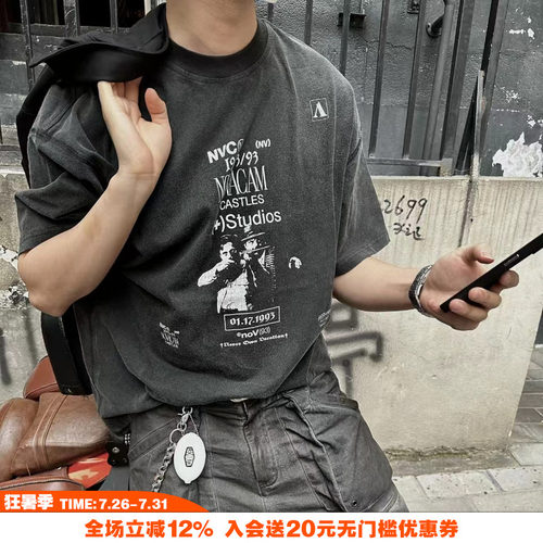 NOVACAM 美式复古vintage裂纹印花反缝线做旧水洗黑宽松短袖T恤