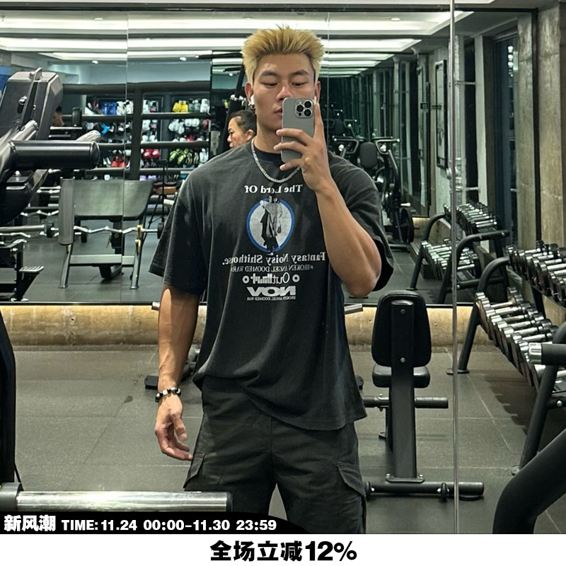 NOVACAM 高街反缝线美式印花VINTAGE复古水洗磨边国潮宽松短袖T恤