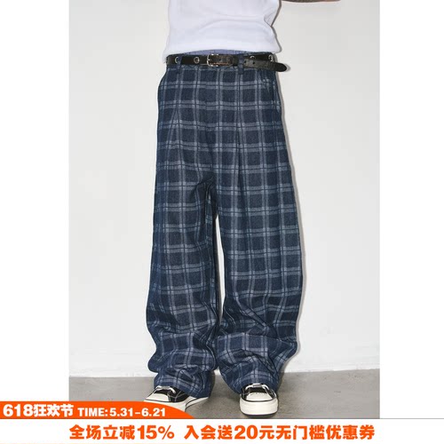NOVACAM复古格子阔腿牛仔裤