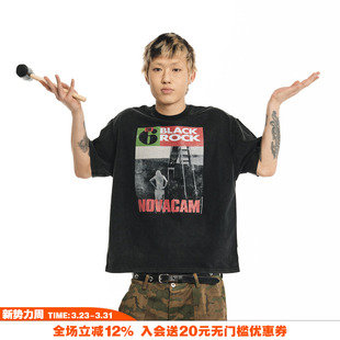 T恤 vintage街头ROCK摇滚印花反缝线水洗黑宽松短袖 NOVACAM 美式