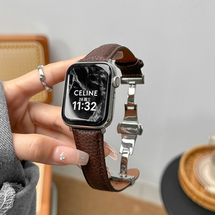 适用applewatchS10真皮荔枝纹876蝴蝶扣SE2苹果手表iwatch9男女款