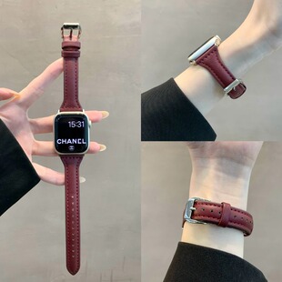 酒红色小羊皮适用苹果S11手表表带iwatch10代新款女987小蛮腰腕带