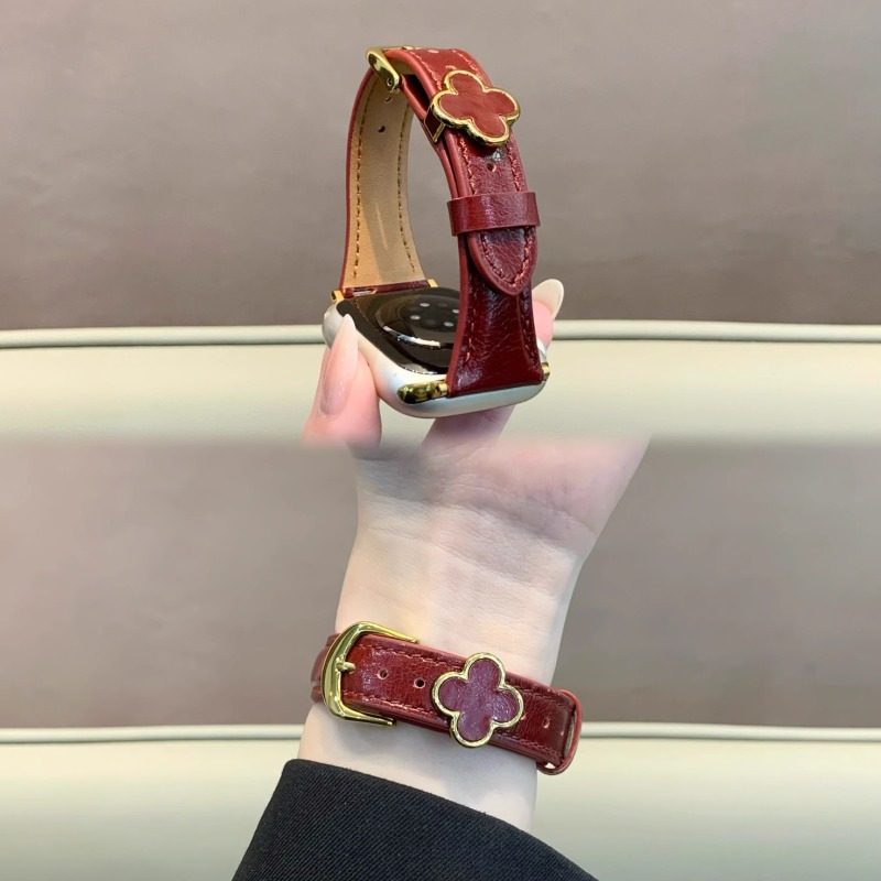 适用applewatch11表带苹果s987手表酒红色四叶草真皮iwatch10女SE