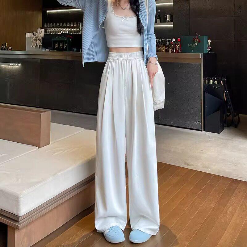 白色牛仔裤女春秋夏季2026新款高腰直筒天丝小个子松紧腰阔腿裤子