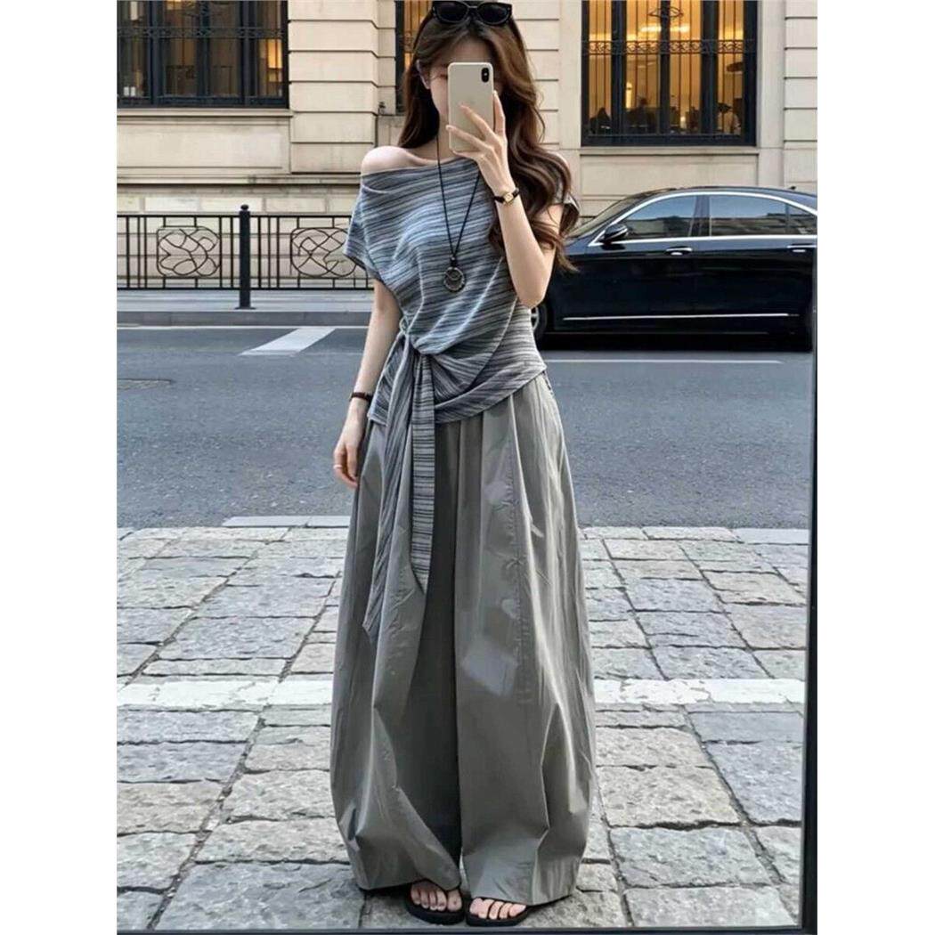 韩系斜肩条纹短袖t恤女夏