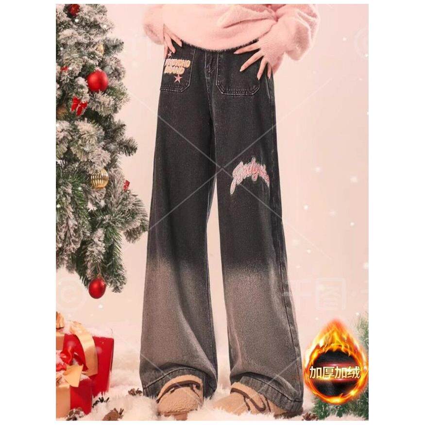 冬季加绒黑色牛仔裤女秋