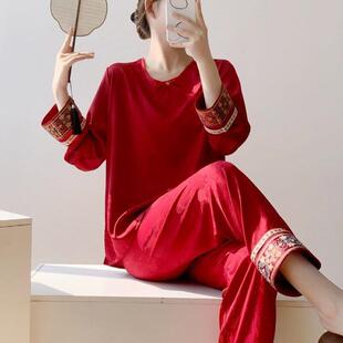 宫廷风古代睡衣编织刺绣红色新中式国风睡衣女长袖春夏季薄款冰丝