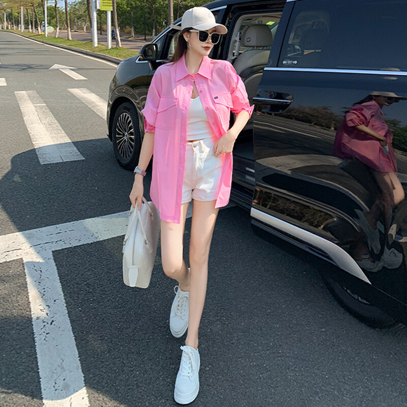 欧货时尚设计感女装春季新款单排扣翻领气质显瘦中长款纯色衬衣潮