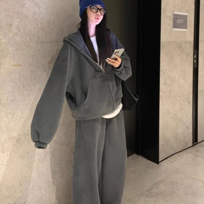 胖特大码300斤韩系运动服套装女秋冬新款连帽卫衣阔腿裤两件套2