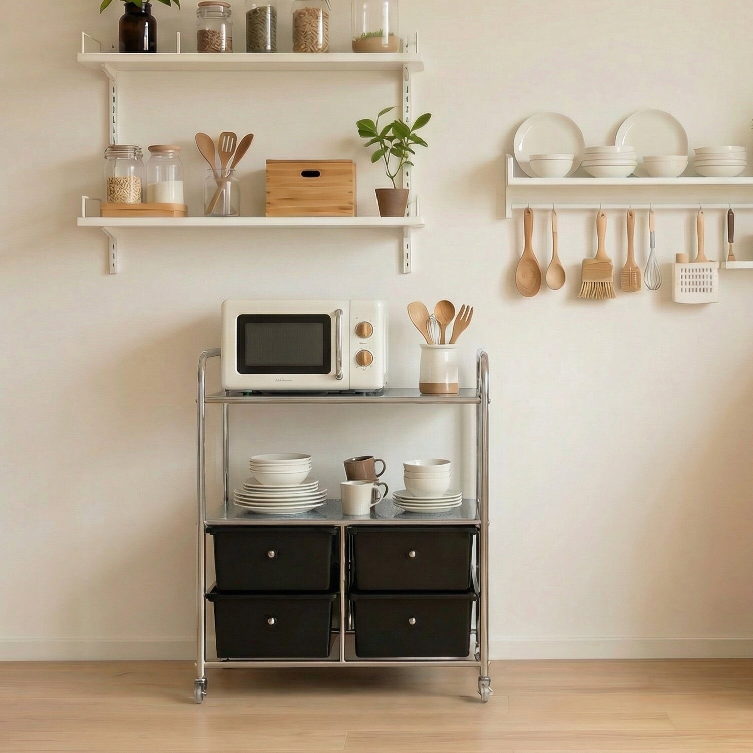 厨房收纳柜中古风靠墙一体多功能置物架落地调料碗碟厨具架储物柜