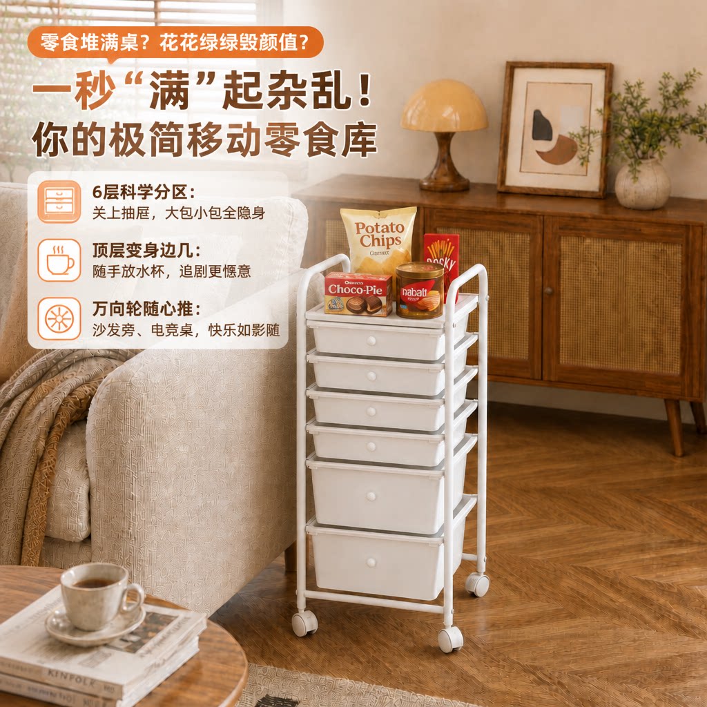 零食小推车客厅沙发夹缝可移动茶几边柜中古风大容量收纳置物架子