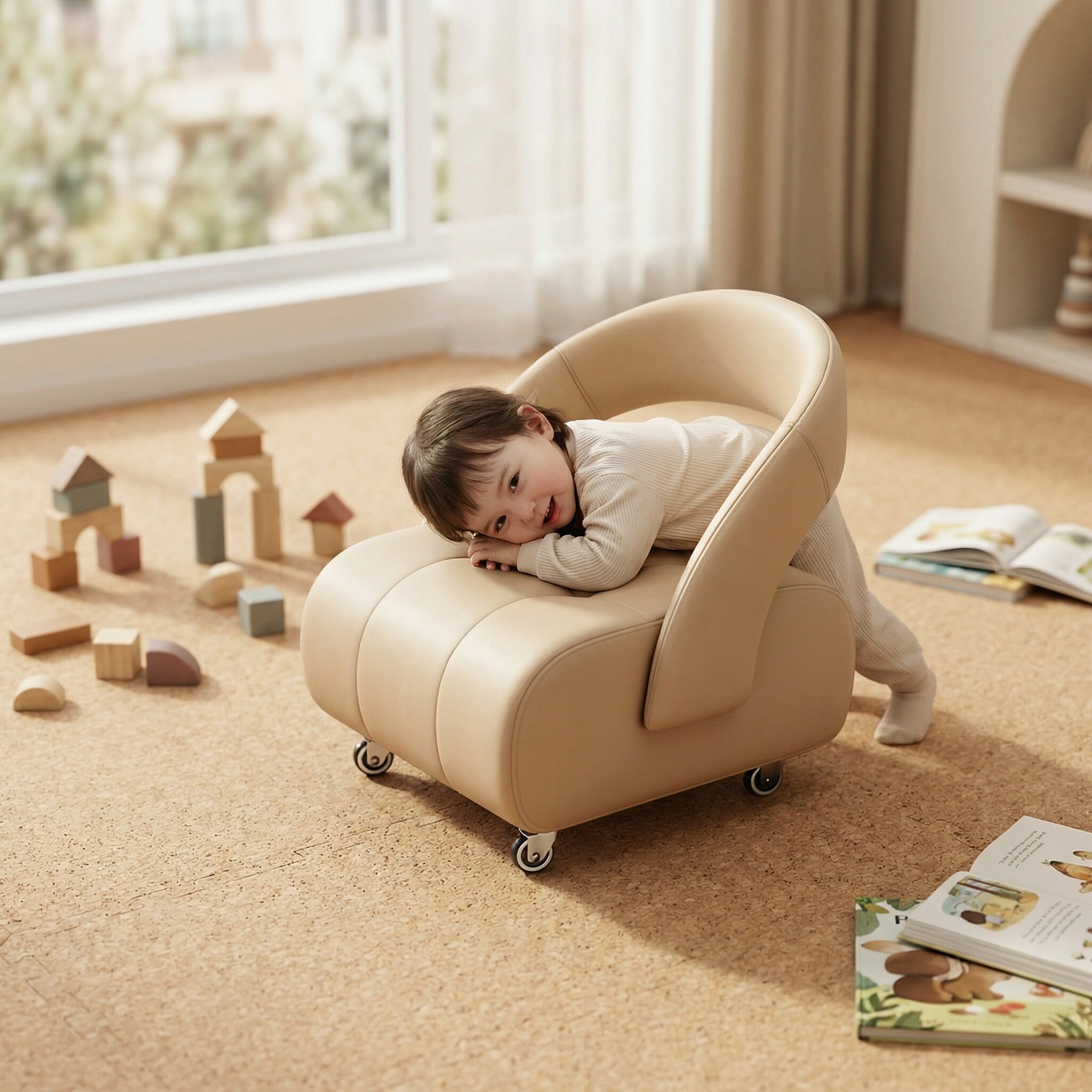 实木中古风家用万向轮溜溜凳儿童椅凳子矮凳小孩靠背带轮子矮椅子