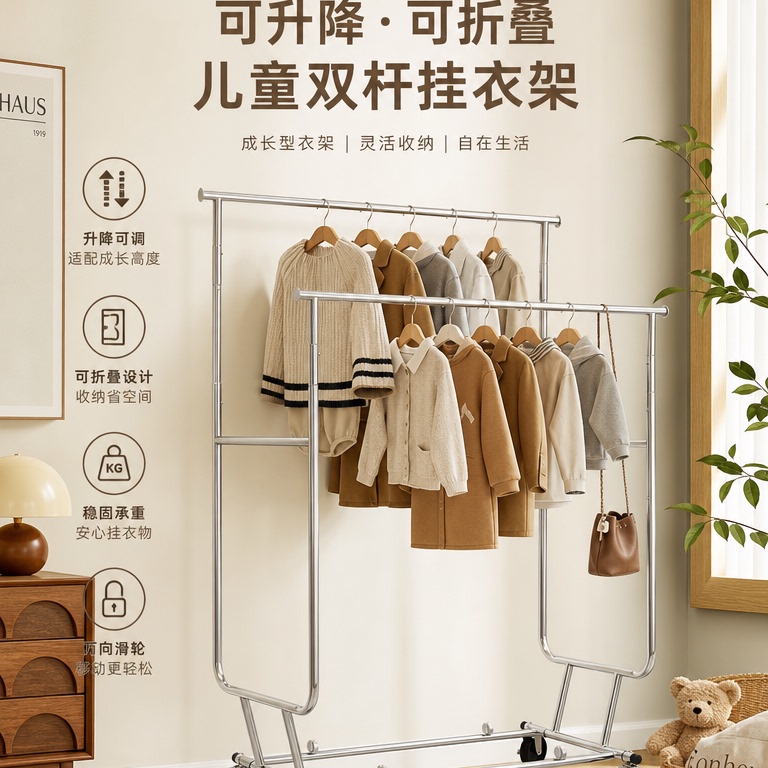 儿童房移动挂衣架落地折叠晾衣架