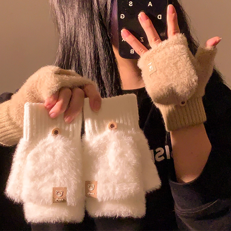 加绒加厚小熊毛绒针织半指手套女冬季保暖翻盖露指触屏手机使用