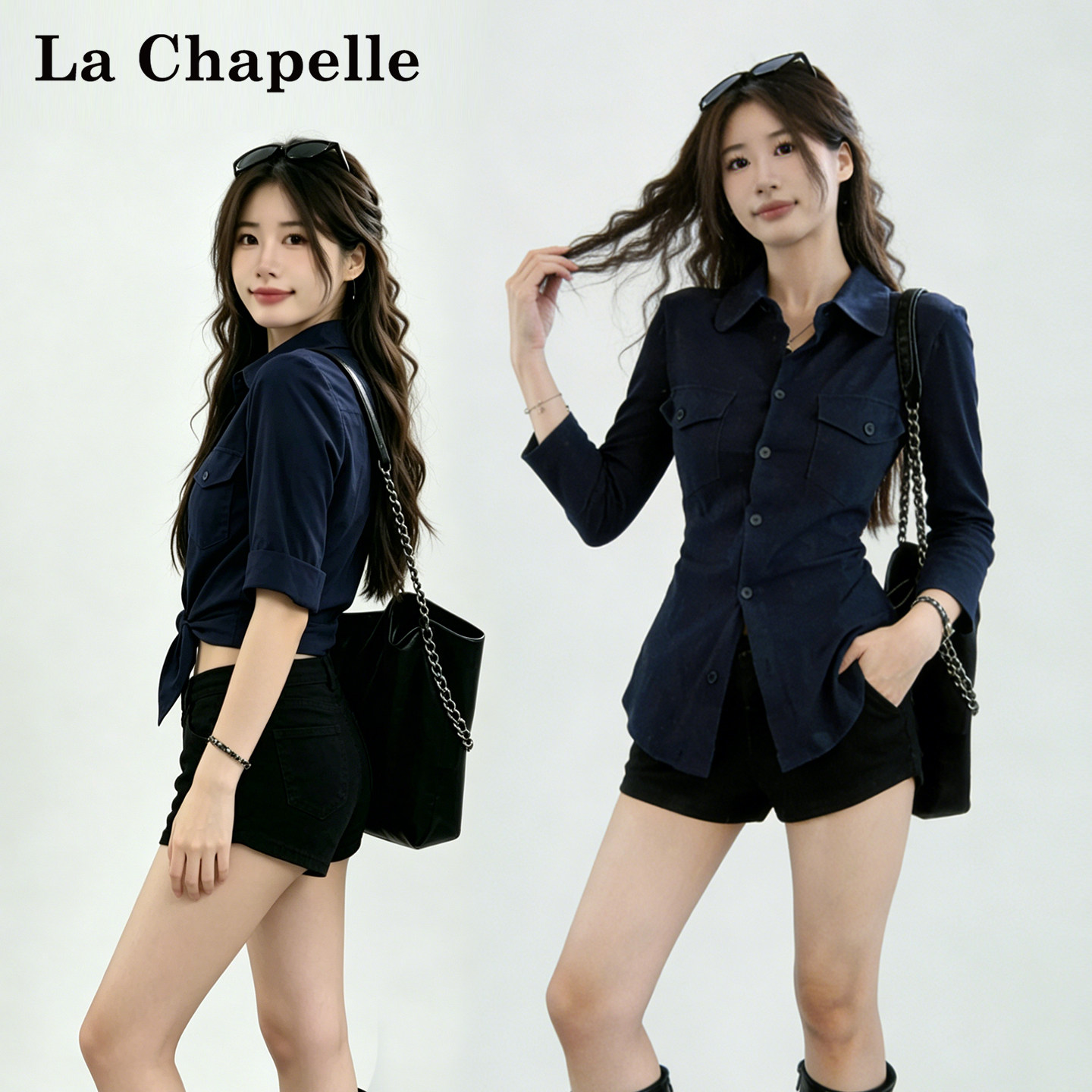 拉夏贝尔春夏翻领显瘦收腰衬衫女图片