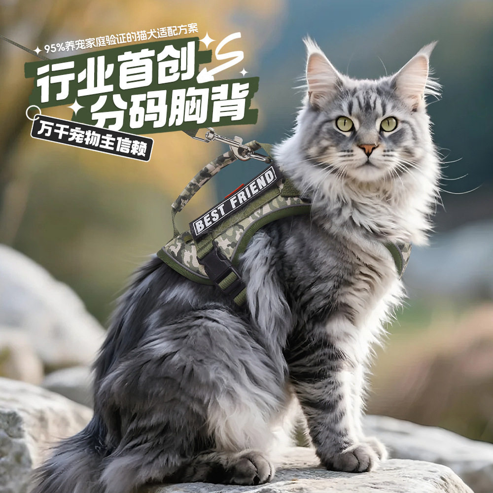 猫咪战术胸背迷彩双工户外猫牵引绳防挣脱宠物胸背带反光透气舒适