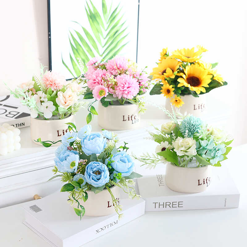 塑料绢布餐桌玫瑰装饰盆栽植物