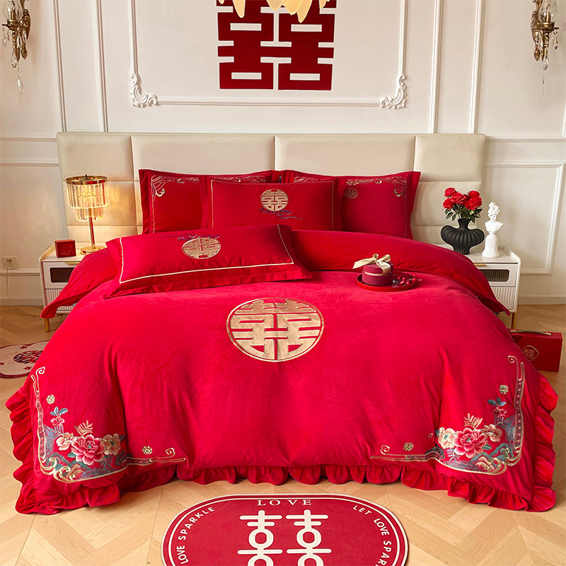 宝宝绒刺绣婚庆四件套冬季牛奶绒红色婚庆加厚花边款被套床上用品,床上用品,婚庆床品套件,淘宝优惠券,粉丝福利购,淘宝优惠卷