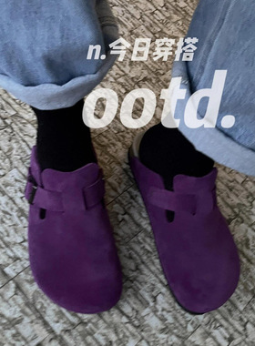 新款韩国小众紫色勃肯鞋女软木舒适百搭外穿厚底包头半拖鞋一脚蹬