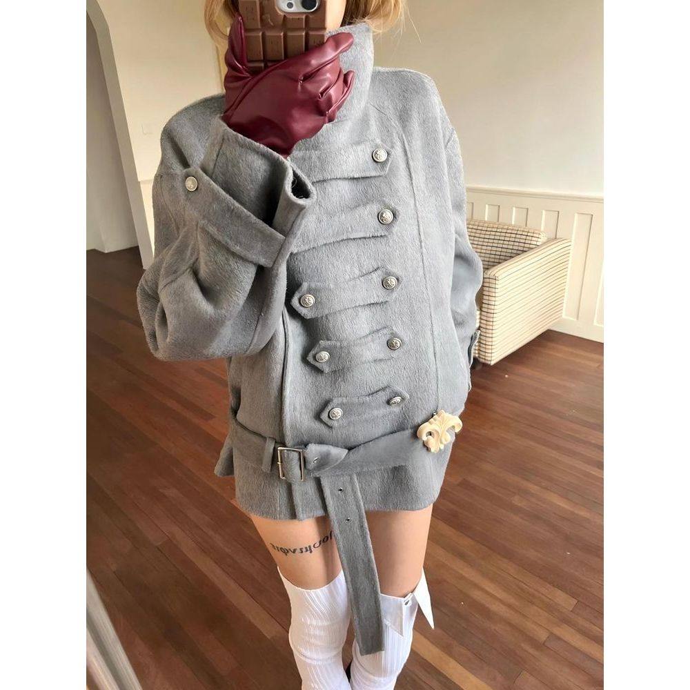 冬季新款高级韩系复古呢子上衣立领双排扣系带设计百搭款灰色外套