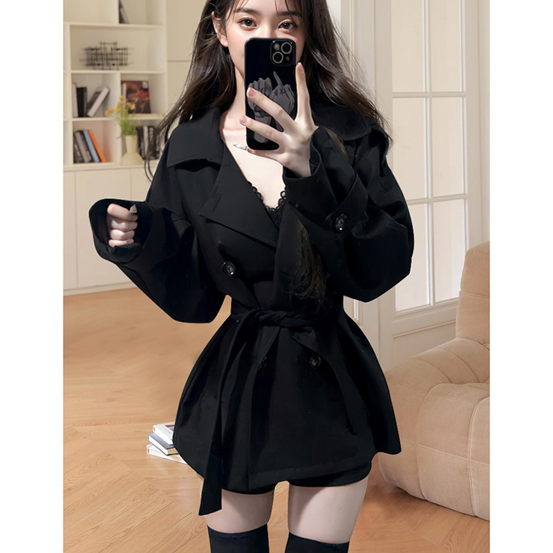 纯欲风复古双排扣风衣女春秋季新款小个子高级感黑色收腰短款外套