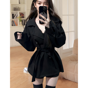 纯欲风复古双排扣风衣女春秋季新款小个子高级感黑色收腰短款外套